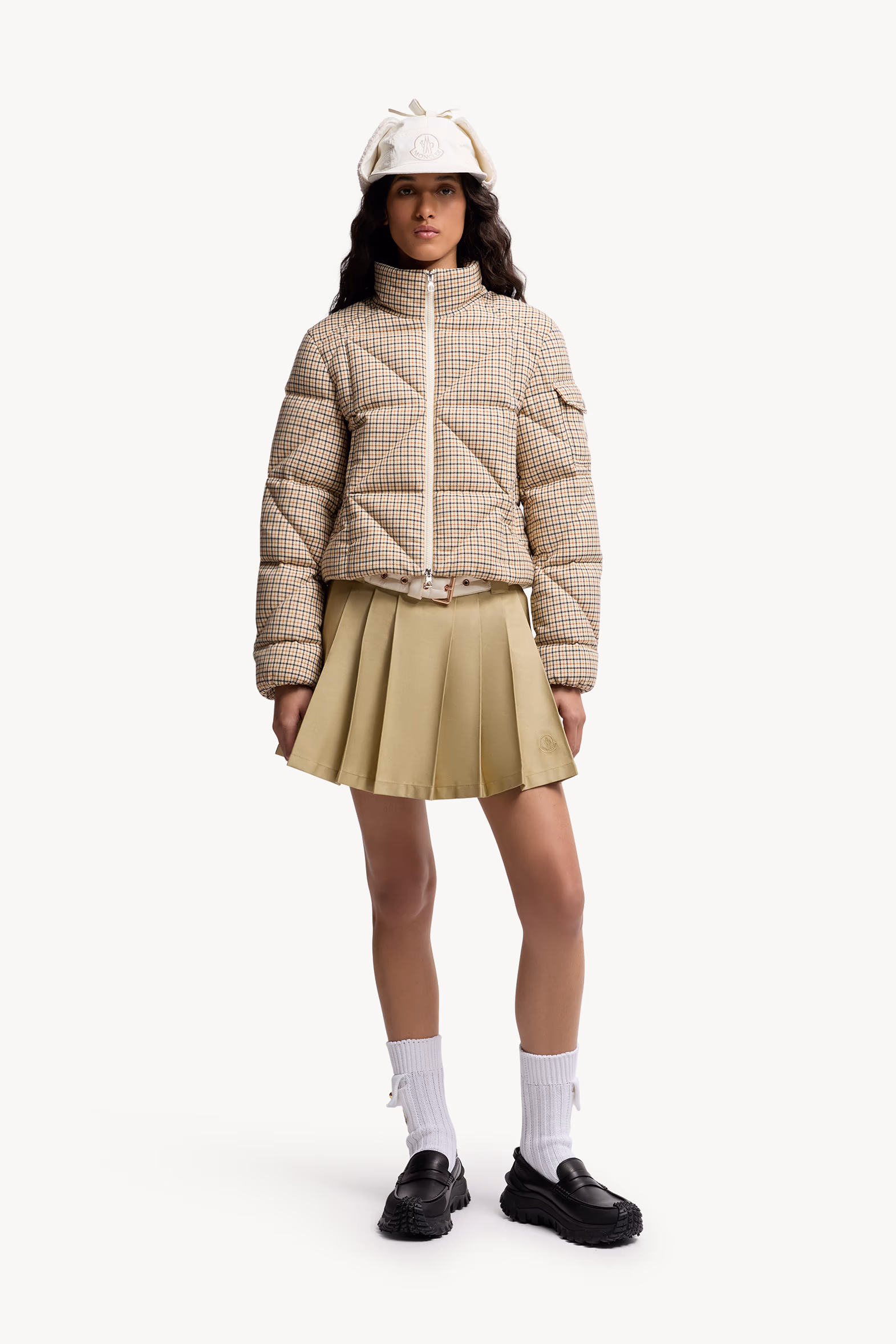 Pleated Cotton Blend Mini Skirt Women Beige Moncler 0